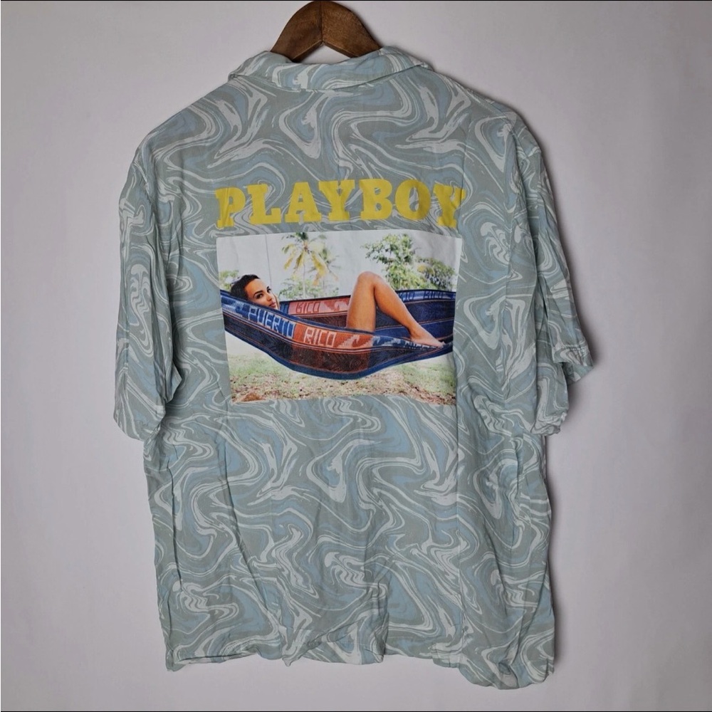 Playboy Men’s Unique Casual Blue and White Lightweight 100% Rayon Button Down